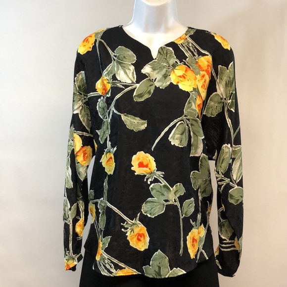 Jin Fashion Vintage Women’s Flower Print Black Blouse - Picture 2 of 13